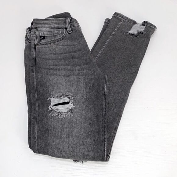 KanCan Strait Fit High Rise Skinny Distressed Button Fly Jeans Charcoal Wash - Picture 4 of 15